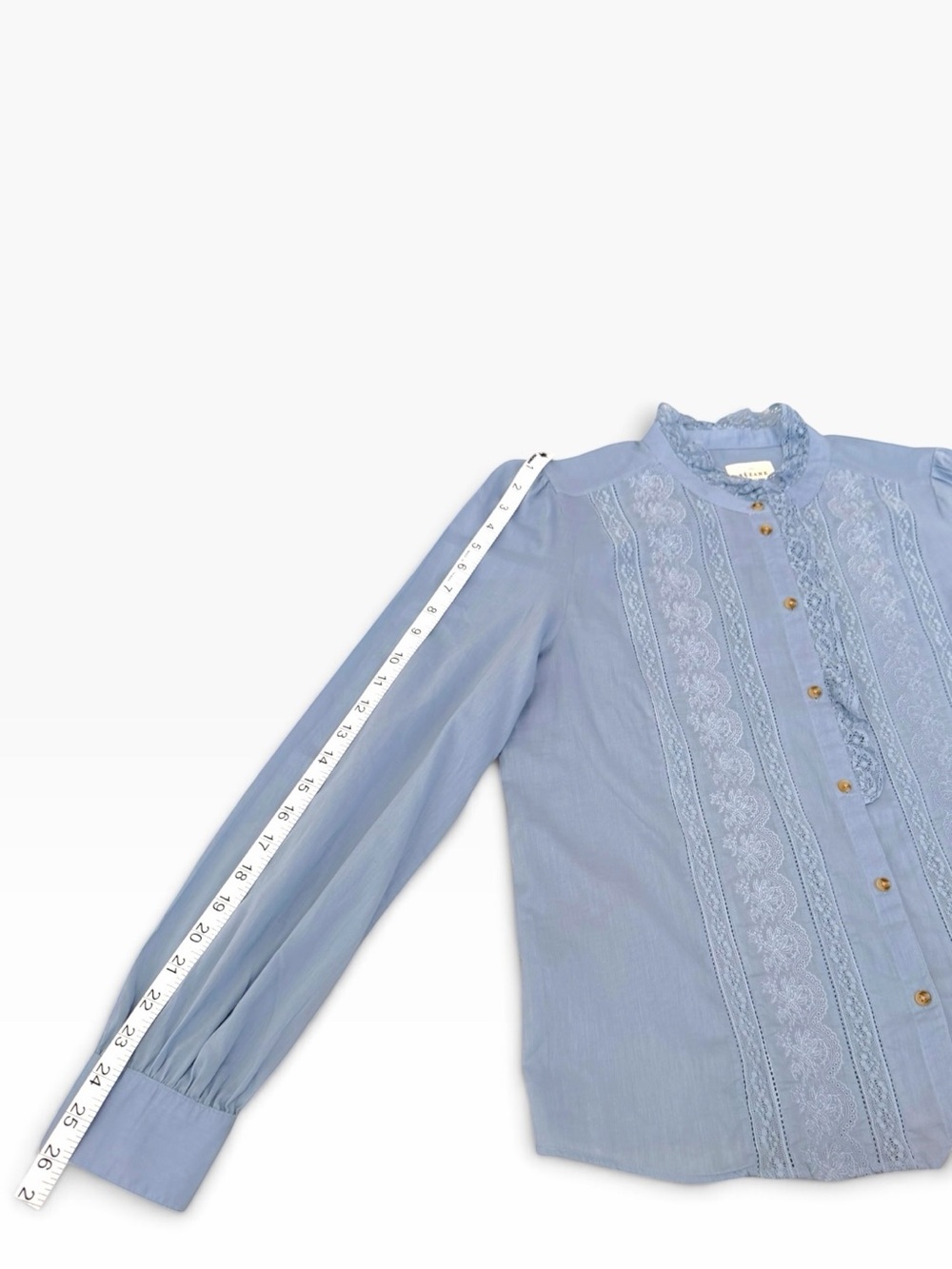 Sézane Chlo Shirt Vintage Blue Lace Ruffle Collar Size 42/10/ M US Cottagecoe - Picture 13 of 14